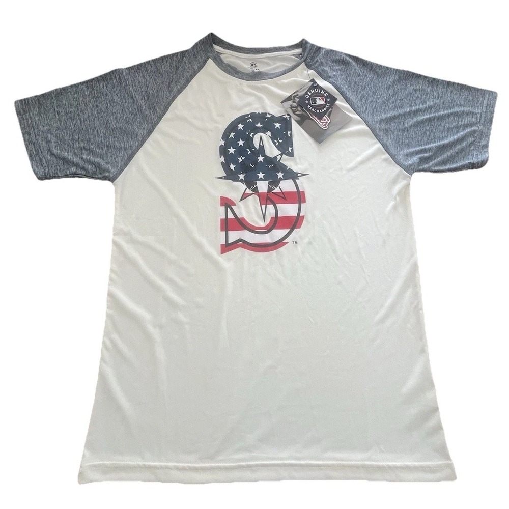 Seattle Mariners Stitches American Flag Cream‎ Short Sleeve Shirt Sz Small NWT